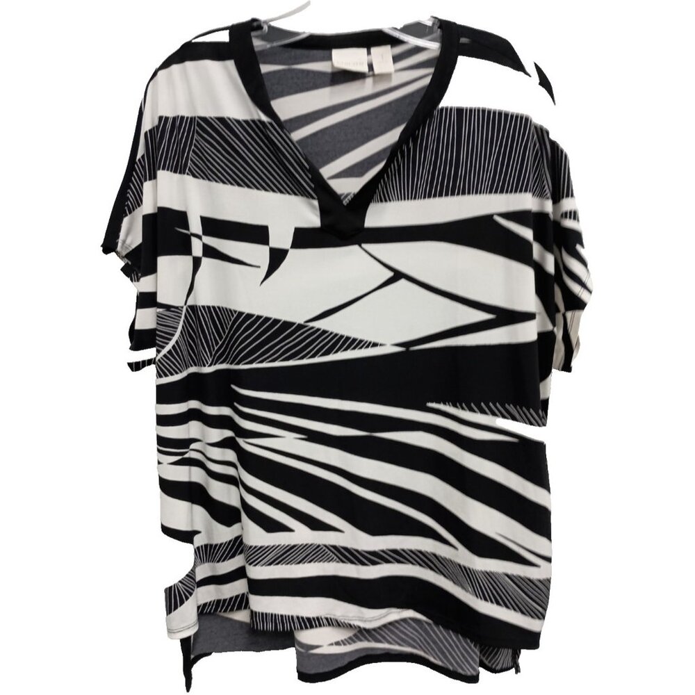 Chicos Womens Top Medium Black White Abstract Wearable Art Short Sleeve Casual